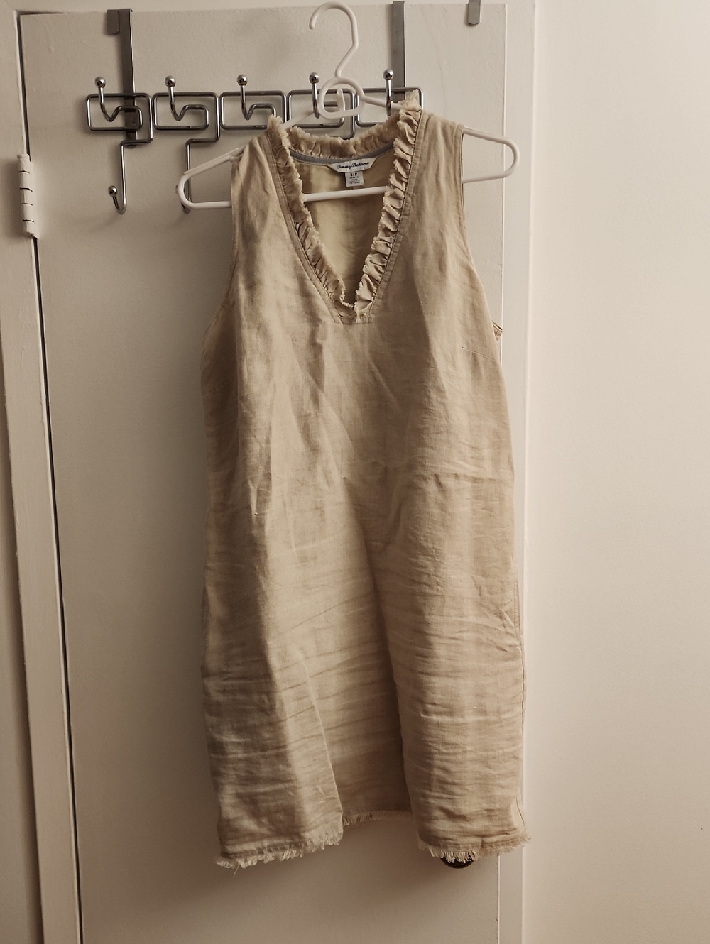 Tommy Bahama Beige Sleeveless V-Neck Ruffle Trim Linen Dress